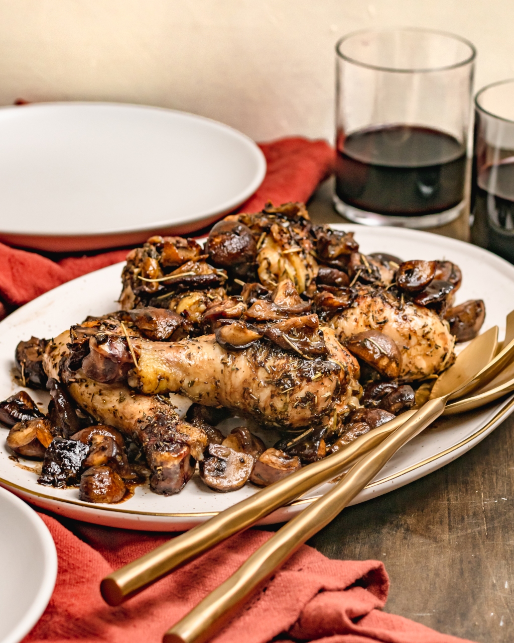 ROASTED CHICKEN LEGS WITH BALSAMIC MUSHROOMS